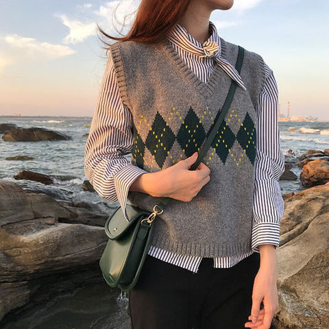 Women's Sweater Winter Geometric Pattern Fashion Basic Casual Regular Tops Female Long Sleeve Korean Oversize Jumpers Pullovers - Bjlxn