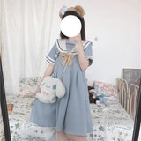 Bjlxn Harajuku Sailor Collar Navy Dress Japanese Lolita Sweet Bow-knot Girl Retro Cotton Kawaii Preppy Style Short Sleeve Dress Women - Bjlxn