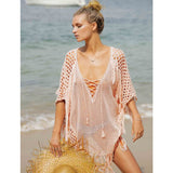 Bjlxn New Knitted Beach Cover Up Women Bikini Swimsuit Cover Up Hollow Out Beach Dress Tassel Tunics Bathing Suits Cover-Ups Beachwear