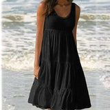 Women Causual O Neck Sleeveless Ruffles Mini Dress Boho Solid Beach Sundress Oversized Loose Dress 2023 Summer