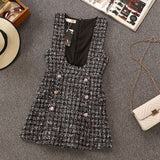 Autumn Winter 2 Piece Set Overalls Dress Women Elegant Ruffles Chiffon Bow Shirt Top+Double Breasted Plaid Tweed Vest Dress