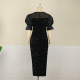 Sequin Black Dresses Velvet Embroidery Chest Wrapped Puff Sleeve Sparkly Dress Classy Ladies Spring Party Celebrity Birthday 4XL