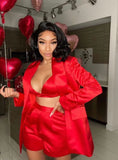 High Quality Red Satin Three Pieces Bandage Suit Sexy Long Sleeves Celebrity Fashion Party Club Blazer Coat Crop Tops Short Set