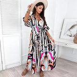 Elegant Gorgeous Printing Dress Women Casual Elastic Waist Long Party Dress 2023 Summer Loose Slit Beach Dress A932