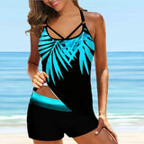 Women Blue Printed Swimsuit Set Sexy Strap Cross Back Swimwear Summer Female Beach Bathing Suit Two Pieces Plus Size