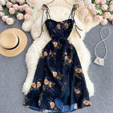 Summer Vintage Beach Long Dress Women Fashion Print Floral Spaghetti Strap Backless Split Dress Sexy Club Party Dresses