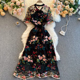 Mesh Embroidery Floral Office Dress Women Summer Short Sleeve Tulle Vintgae Dress Elegant Sexy Club Party Dresses