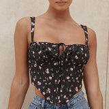 NewAsia Floral Corset Women Sweet Print Hollow Up Tie Up Sexy Crop Top Summer Sleeveless Ruched Boning Bustier Casual Tank Top