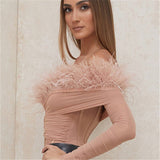 New Fashion Feathers Strapless Off Shoulder Winter Long Sleeve Bandage Bodysuit Women Sexy Fashion Party Bodysuit