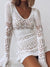 Crochet Knitted  Summer Beach Dress Women V Neck See Through Sweater Dresses Solid Long Sleeve Casual Bikini Wear