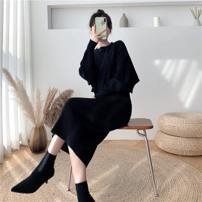 New Fall/Winter Bat Sleeve O-Neck Soft Sweater  + Women's Knitted Vest Long Dress Two-Piece Dress Sets Femme
