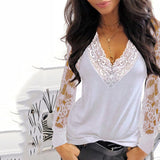 Casual V-neck Lace Long Sleeve T-shirt for Women Spring Winter Clothes Y2K Sexy Solid Color Black Tee Shirt Office Lady Top