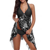 Women Sexy V-neck Swimwear Irregular Padded Push Up Print Halter Tankini Summer Two Piece Swimming Dress Beach Wear Swimsuit