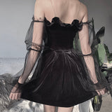 Bjlxn Gothic Sexy Dress Vintage Off Shoulder Lantern Sleeve Mesh Patchwork Mini Dress Dark Street Black Dress Female