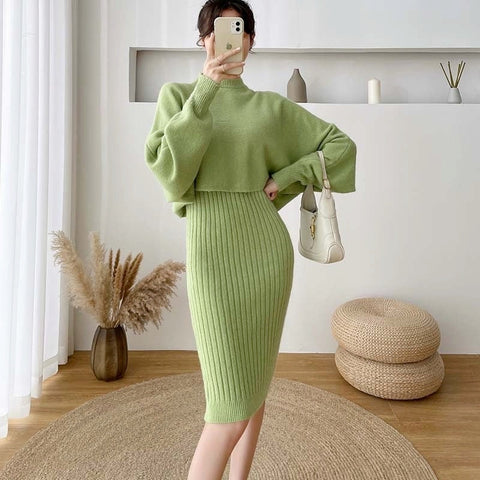 New Fall/Winter Bat Sleeve O-Neck Soft Sweater  + Women's Knitted Vest Long Dress Two-Piece Dress Sets Femme