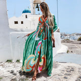 Elegant Gorgeous Printing Dress Women Casual Elastic Waist Long Party Dress 2023 Summer Loose Slit Beach Dress A932