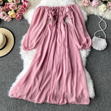 Autumn Women Slash Neck Long Sleeve Midi Dress Female Yellow/Red/Pink High Waist Ruffle Big Swing Chiffon Dresses Fashion 2022 - Bjlxn