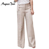 3XL Summer New Hot Cotton Linen Women Wide Legs Pants Solid Casual High Waist Button Trousers Female Loose Pants