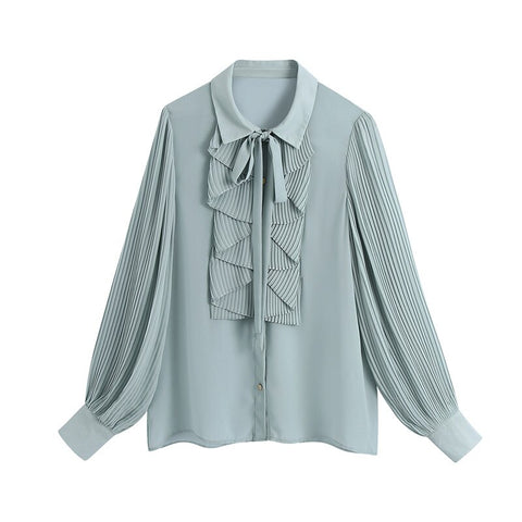 Bjlxn Snican pleated sleeve cascading ruffle bow tie office ladies blouse chic fashion female tops women camisas femininas Chiffon New
