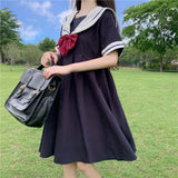 Bjlxn Harajuku Sailor Collar Navy Dress Japanese Lolita Sweet Bow-knot Girl Retro Cotton Kawaii Preppy Style Short Sleeve Dress Women - Bjlxn