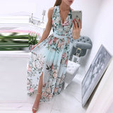 Summer Deep V-Neck Sleeveless Beach Dress Elegant Women Chiffon Split Maxi Party Dress Vintage Floral Print Long Dresses Vestido