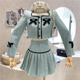 Small Fragrance Tweed 2 Piece Set Women Bow Short Jacket Coat + Skirt Suits Korean Sweet Outfits French Vintage Two Piece Sets