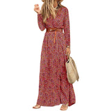 Bjlxn Womens Long Dress Summer V-neck Boho Belted Maxi Dress Casual Sexy Party Dress Ladies Bohemian Beach Holiday Sundress