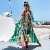 Elegant Gorgeous Printing Dress Women Casual Elastic Waist Long Party Dress 2023 Summer Loose Slit Beach Dress A932