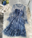 2022  New Female O-neck Stars Sequined Mesh Shiny Fairy Dress Women Elegant Bling Gauze Princess Puff Dresses Vestidos De Fiesta - Bjlxn