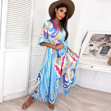 Elegant Gorgeous Printing Dress Women Casual Elastic Waist Long Party Dress 2023 Summer Loose Slit Beach Dress A932