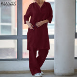 2PCS Autumn Matching Sets Women Fashion Solid 3/4 Sleeve Blouse Casual Loose Wide Leg Trousers Cotton Pant Sets Oversize Suits