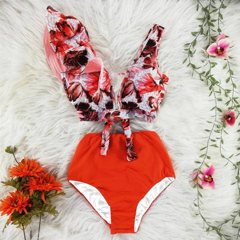 Two-Pieces Women Floral Push-Up Padded Bra Ruffles Bandage Bikini Set Swimsuit Swimwear Bathing Suit Beachwear Biquini
