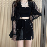 New Summer Fashion Black Two Piece Skirt Sets Ruffled Short Lace Shirt&High Waist Pencil Mini Skirt Shorts Chic 2pc Dress Suits