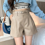 Black Women's PU Leather Shorts with Belted High Waist Ladies Elegant Short Trousers Female