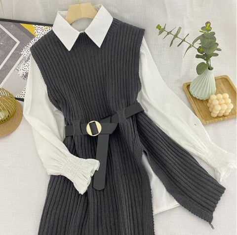 Woherb 2021 Korean Spring Autumn Women Knitted Pullovers Vest + White Blouse Casual Belt Suit Two Piece Set Conjuntos Mujer - Bjlxn