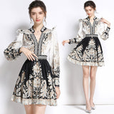 Palace Retro Floral Print Dress Autumn Women V Neck Long Lantern Sleeve High Waist Above Knee Mini Runway Dress Robe S61991