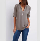 Big Size 4XL 5xl Women chiffon Tshirt V-neck Zipper irregular Loose Casual T shirts Spring Summer Plus size Sexy Tops Tee shirts