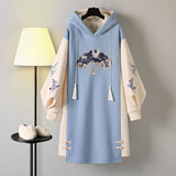 Chinese Style Hooded Stitching Vestido Cheongsam Embroidery Sweatshirt Dress Spring Autumn Women Buckle Thick Harajuku Dresses - Bjlxn