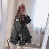 Alice In Wondeland Cute Women Lolita OP Dress Flouncing Lace Trim Japanese Harajuku Long Sleeves Doll Teen Dress Fairy Vestidos - Bjlxn