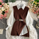 Woherb 2021 Korean Spring Autumn Women Knitted Pullovers Vest + White Blouse Casual Belt Suit Two Piece Set Conjuntos Mujer - Bjlxn