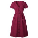 Cotton Linen Women Summer Dress 2022  Casual V-neck Button Pocket Short Sleeve A-line Midi Dresses For Women Vestidos - Bjlxn