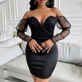 Women Bodycon Dress Sexy Off Shoulder V neck Night Club Mini Dress Glitter Mesh Splicing Party Dress