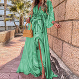 Elegant Gorgeous Printing Dress Women Casual Elastic Waist Long Party Dress 2023 Summer Loose Slit Beach Dress A932