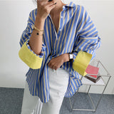 Spring and Summer New Color Contrast Striped Shirt Women's Korean Loose Long Shirt Fashion Tops