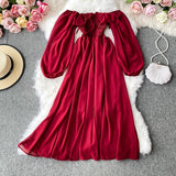 Autumn Women Slash Neck Long Sleeve Midi Dress Female Yellow/Red/Pink High Waist Ruffle Big Swing Chiffon Dresses Fashion 2022 - Bjlxn