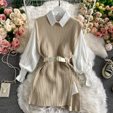 Woherb 2021 Korean Spring Autumn Women Knitted Pullovers Vest + White Blouse Casual Belt Suit Two Piece Set Conjuntos Mujer - Bjlxn