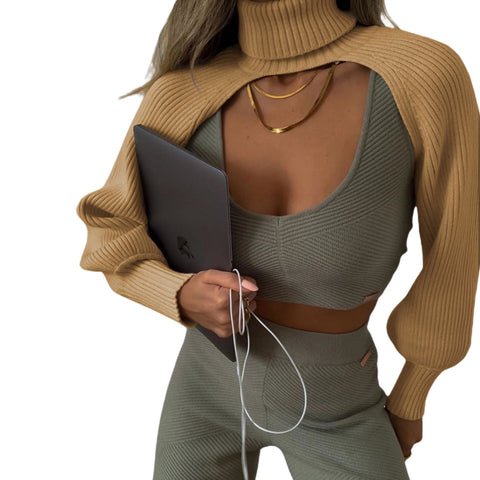 Female Sweater Solid High Collar Long Puff Sleeve Knitwear Pullover for Women Apring Autumn Y2K Aesthetic Crop Top Halter Top
