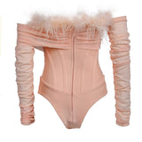 New Fashion Feathers Strapless Off Shoulder Winter Long Sleeve Bandage Bodysuit Women Sexy Fashion Party Bodysuit