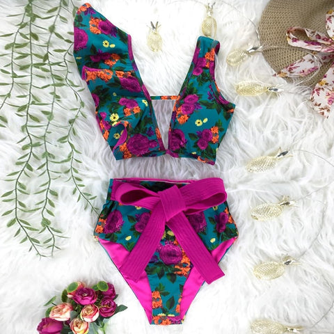 Two-Pieces Women Floral Push-Up Padded Bra Ruffles Bandage Bikini Set Swimsuit Swimwear Bathing Suit Beachwear Biquini