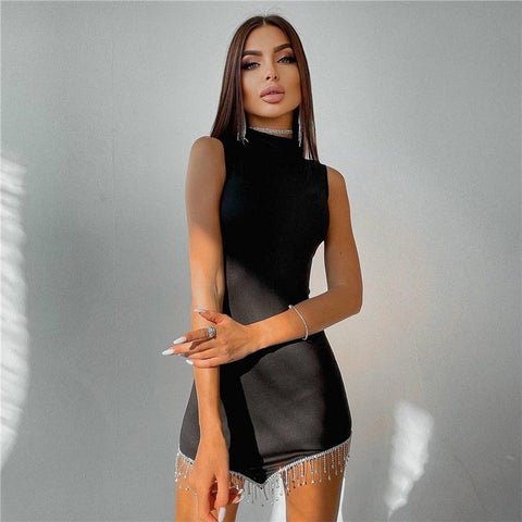 New Tank Strap Middle Neck Casual Evening Party Sexy Backless Women's Clothes Bright Prom Basic Bodycon Mini Dress Vestidos